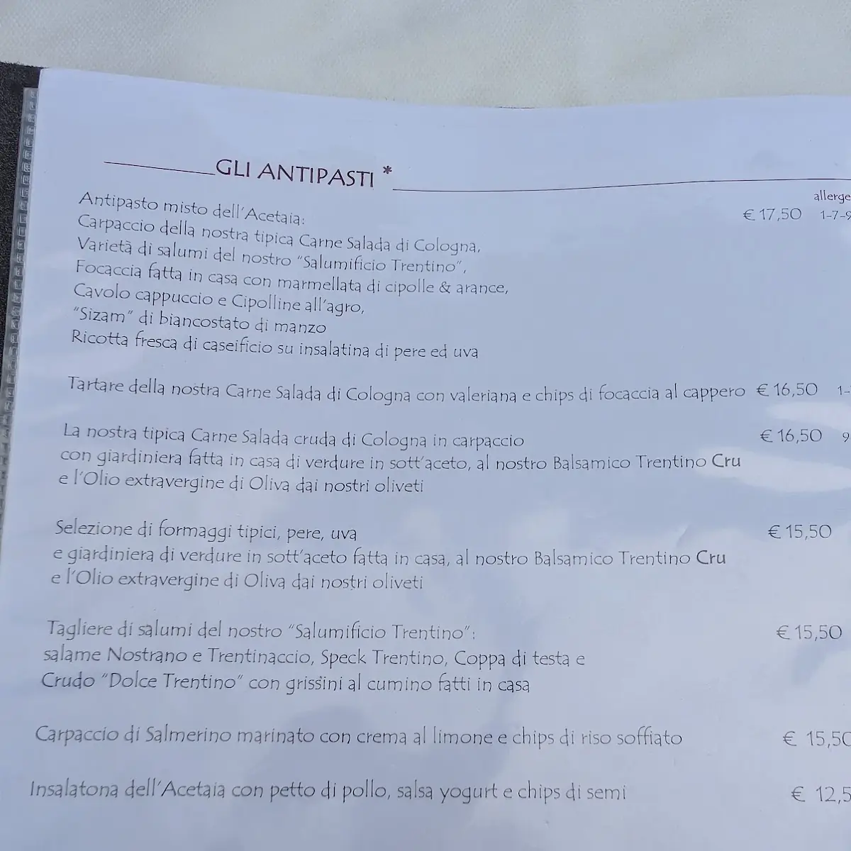 Speisekarte, Acetaia