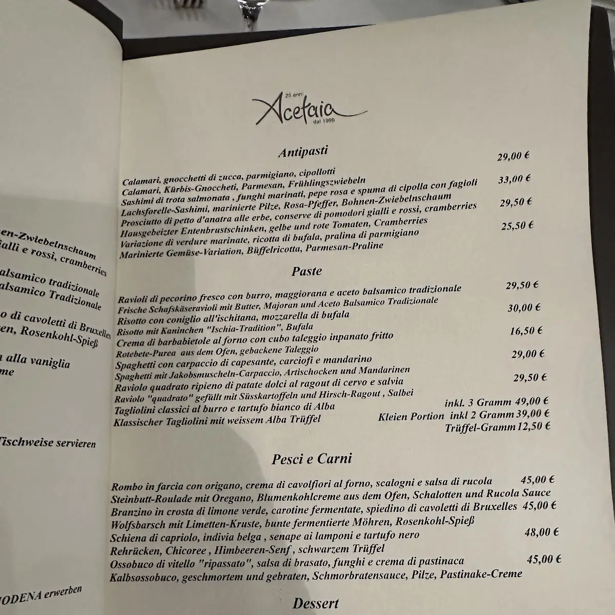 Speisekarte, Acetaia
