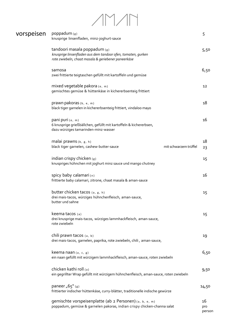 Speisekarte, AMAN Tandoor & Bar