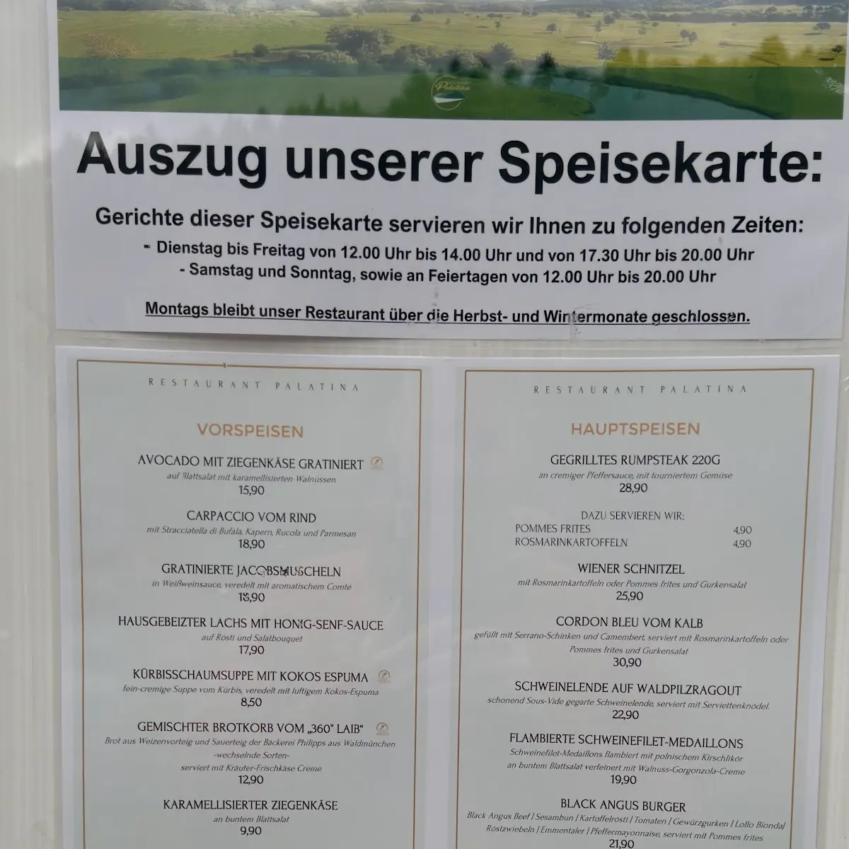 Speisekarte, Restaurant Palatina