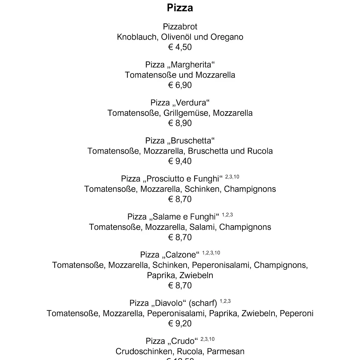 Speisekarte, Restaurant Palatina
