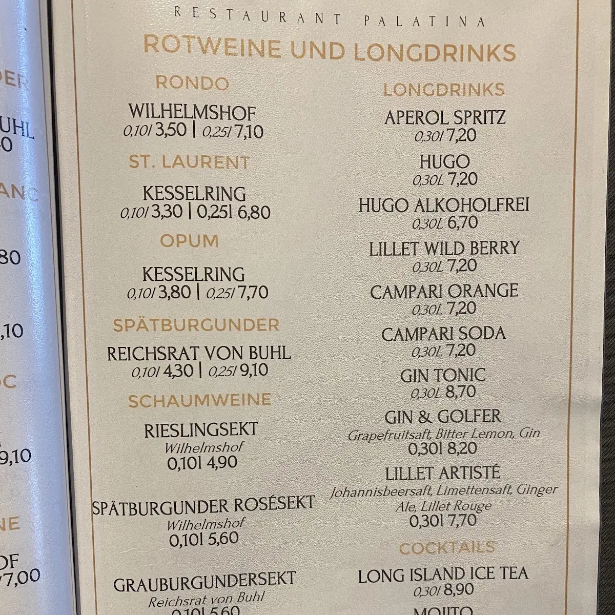 Speisekarte, Restaurant Palatina