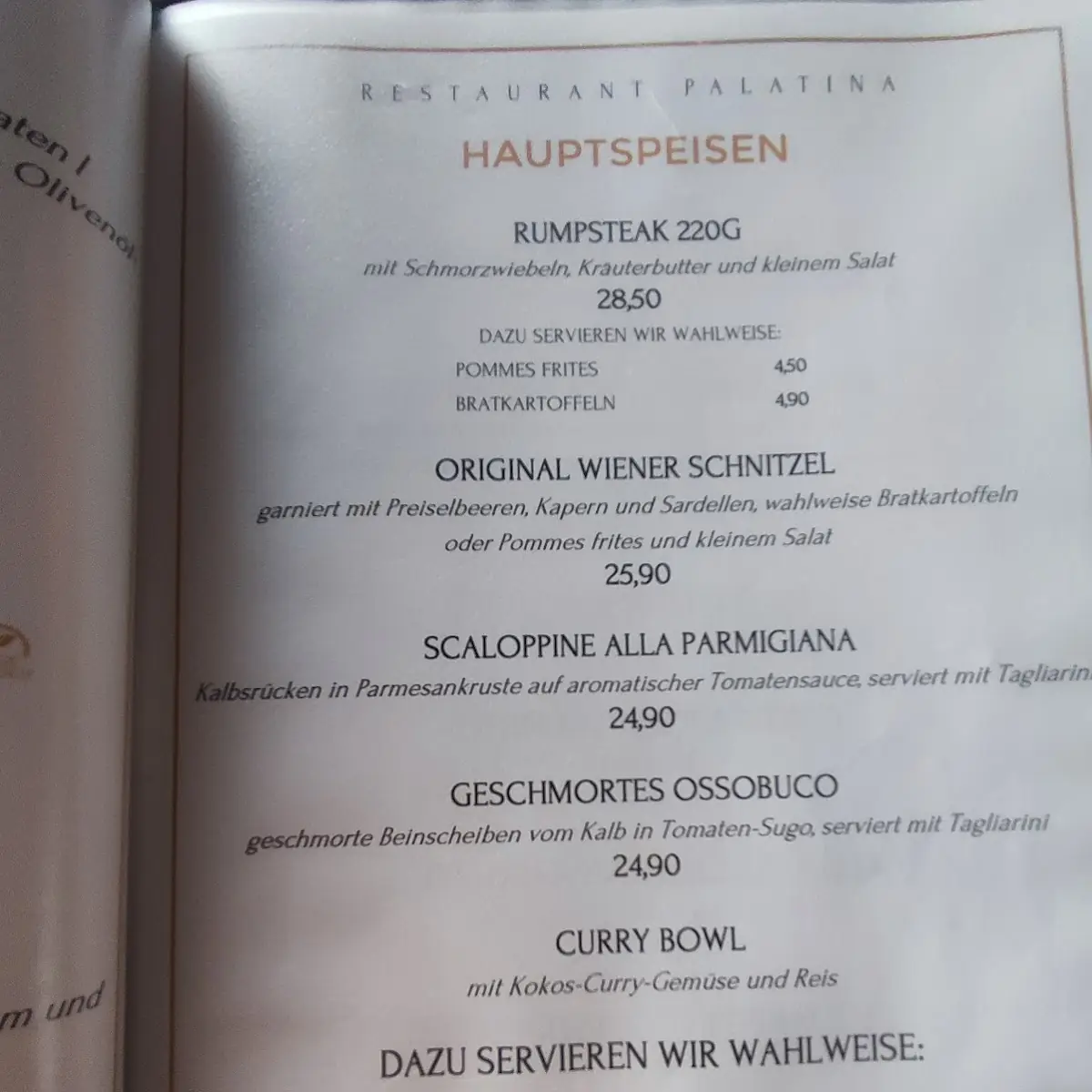 Speisekarte, Restaurant Palatina