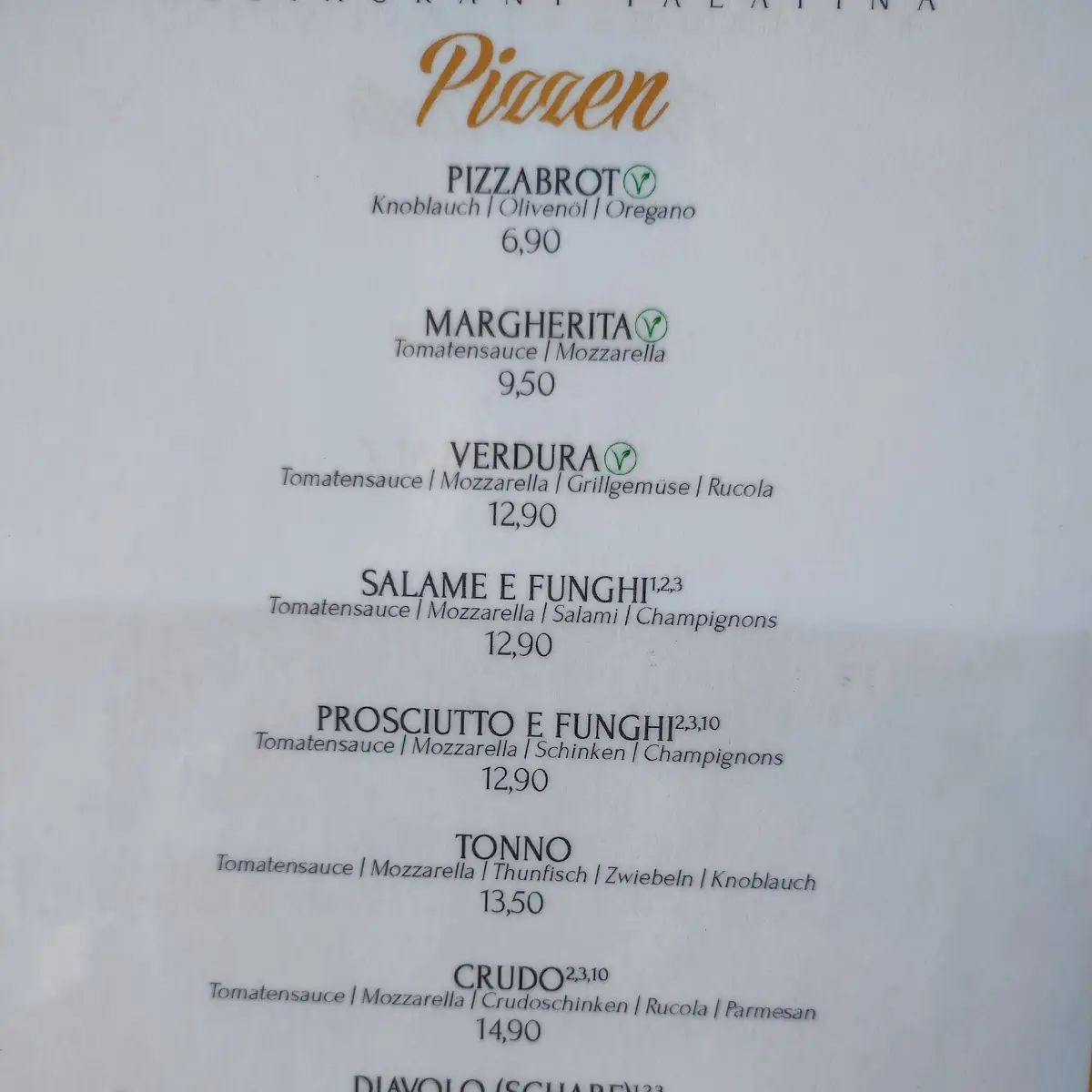 Speisekarte, Restaurant Palatina