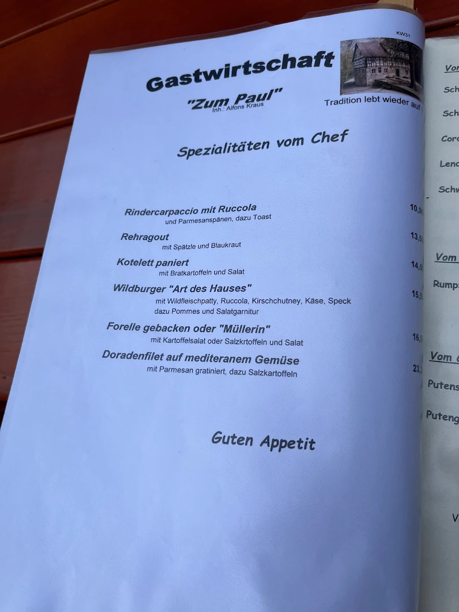 Speisekarte, Gaststätte "Zum Paul" - Alfons Kraus