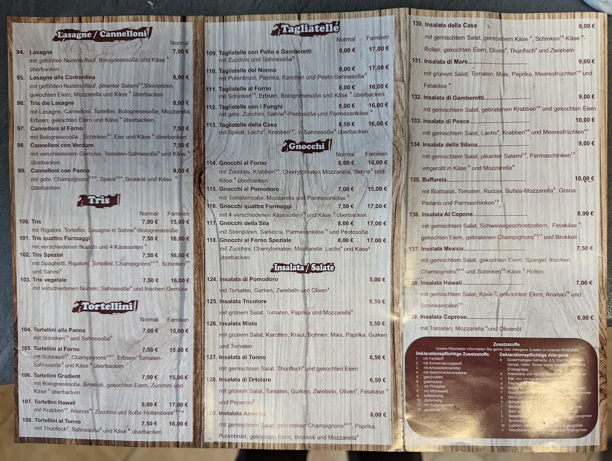 Speisekarte, Pizzeria Calabria