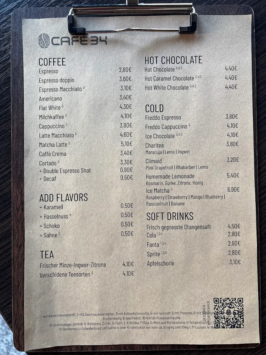 Speisekarte, Cafe 34 Düsseldorf