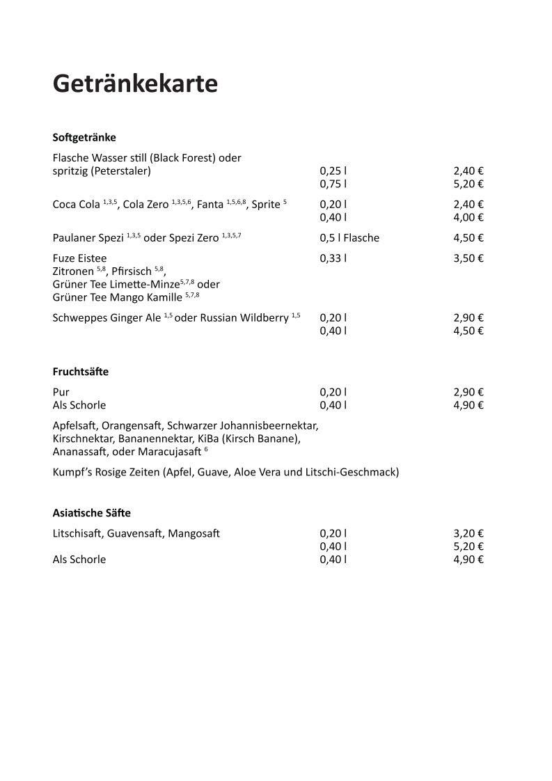 Speisekarte, Zum Bambushaus