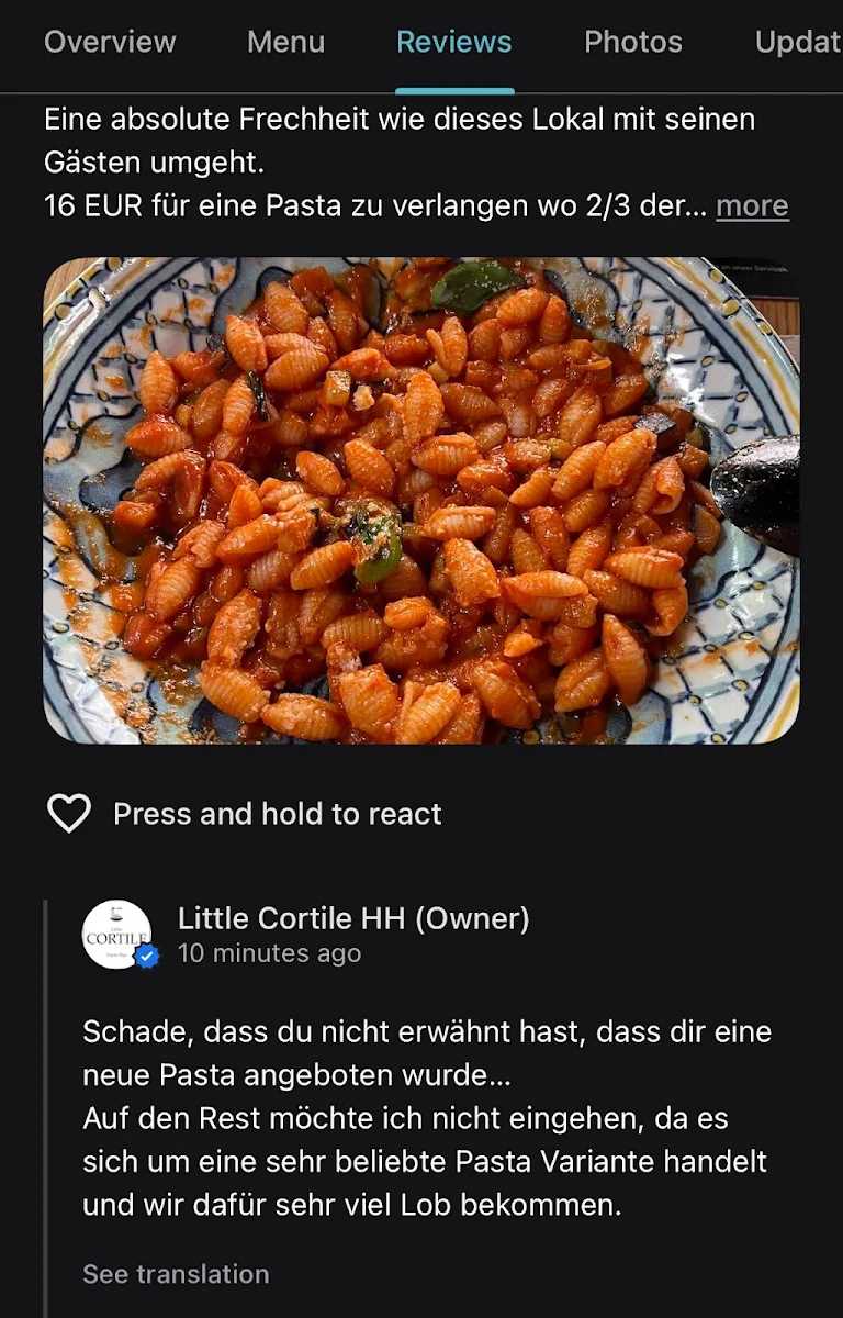 Speisekarte, Little Cortile HH