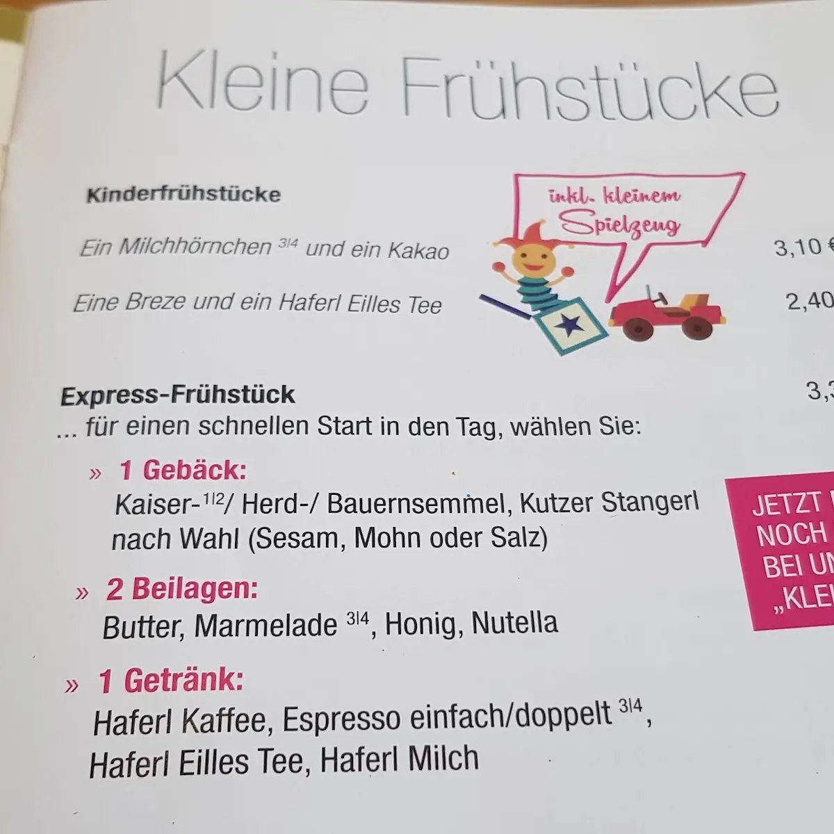 Speisekarte, Bäckerei Kutzer