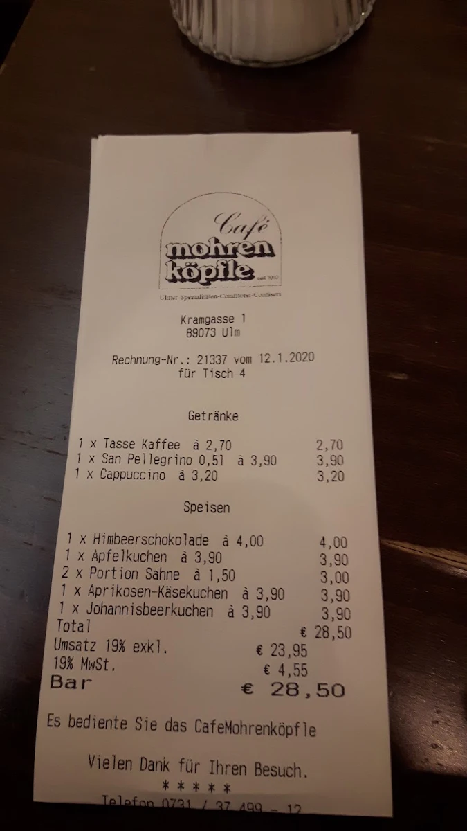 Speisekarte, Konditorei Café Mohrenköpfle Ulm