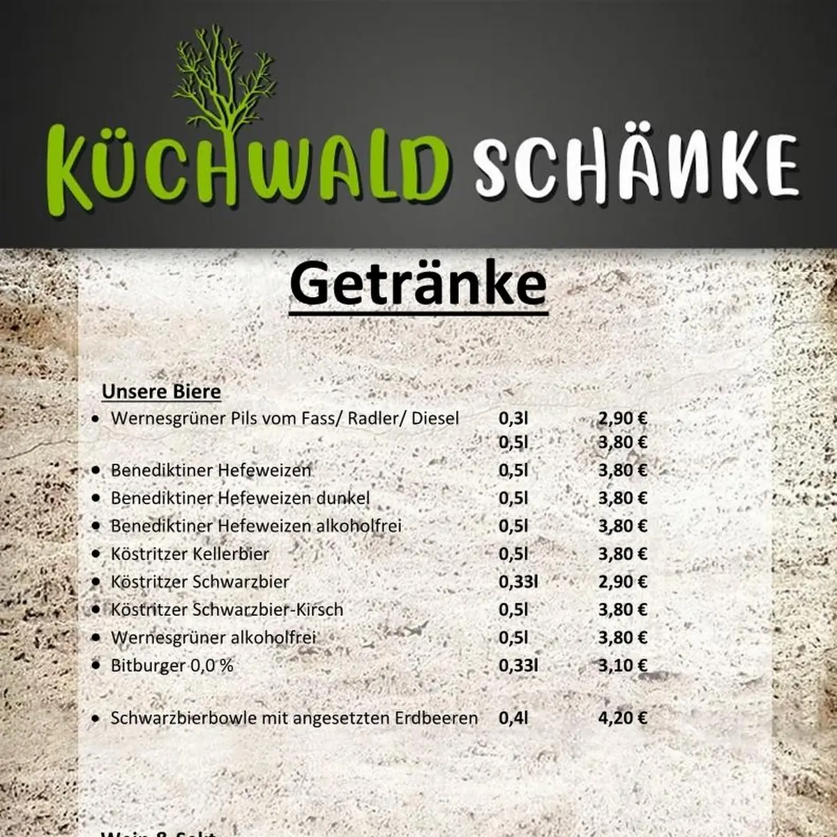 Speisekarte, Küchwaldschänke – Natur, Entspannung, Freunde treffen