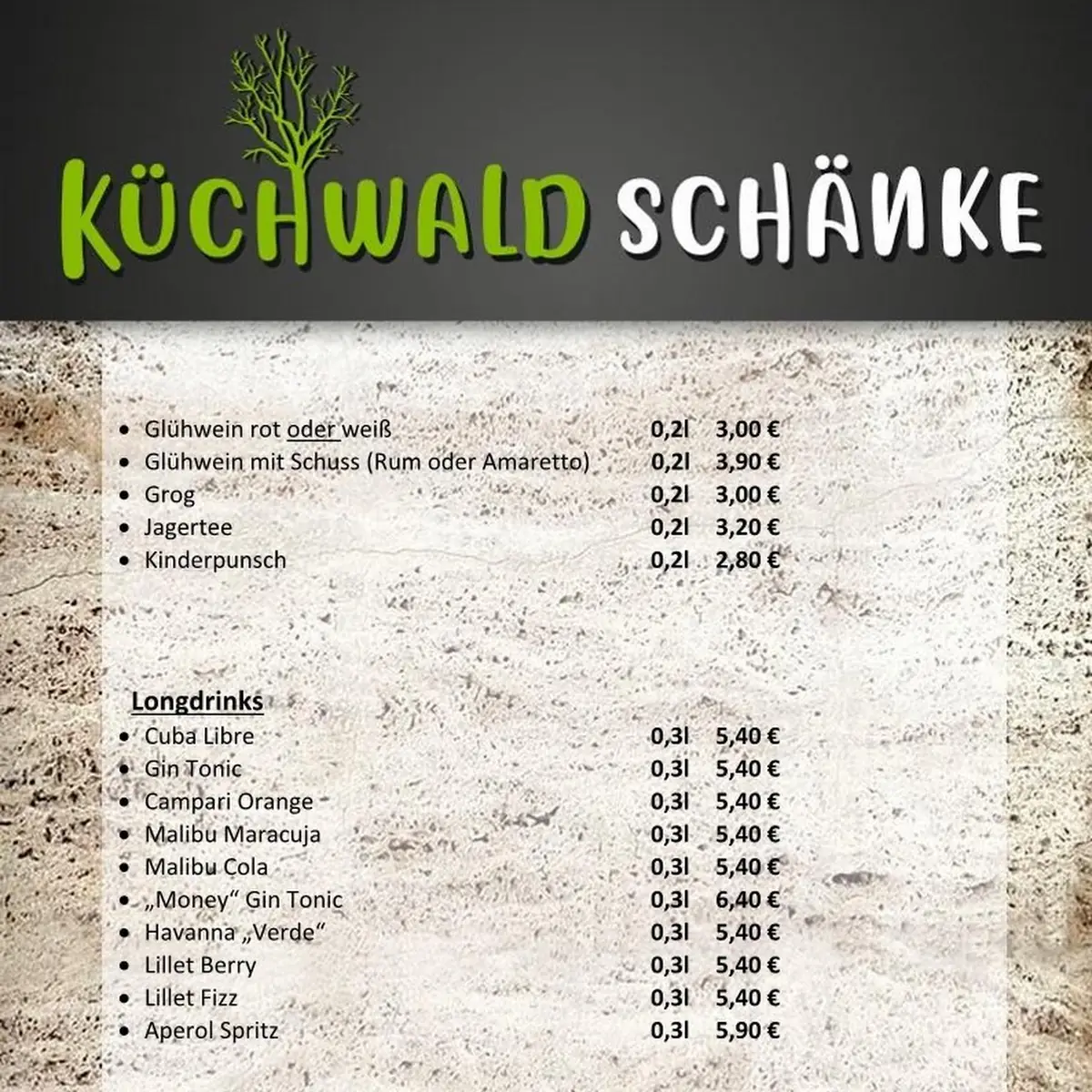 Speisekarte, Küchwaldschänke – Natur, Entspannung, Freunde treffen