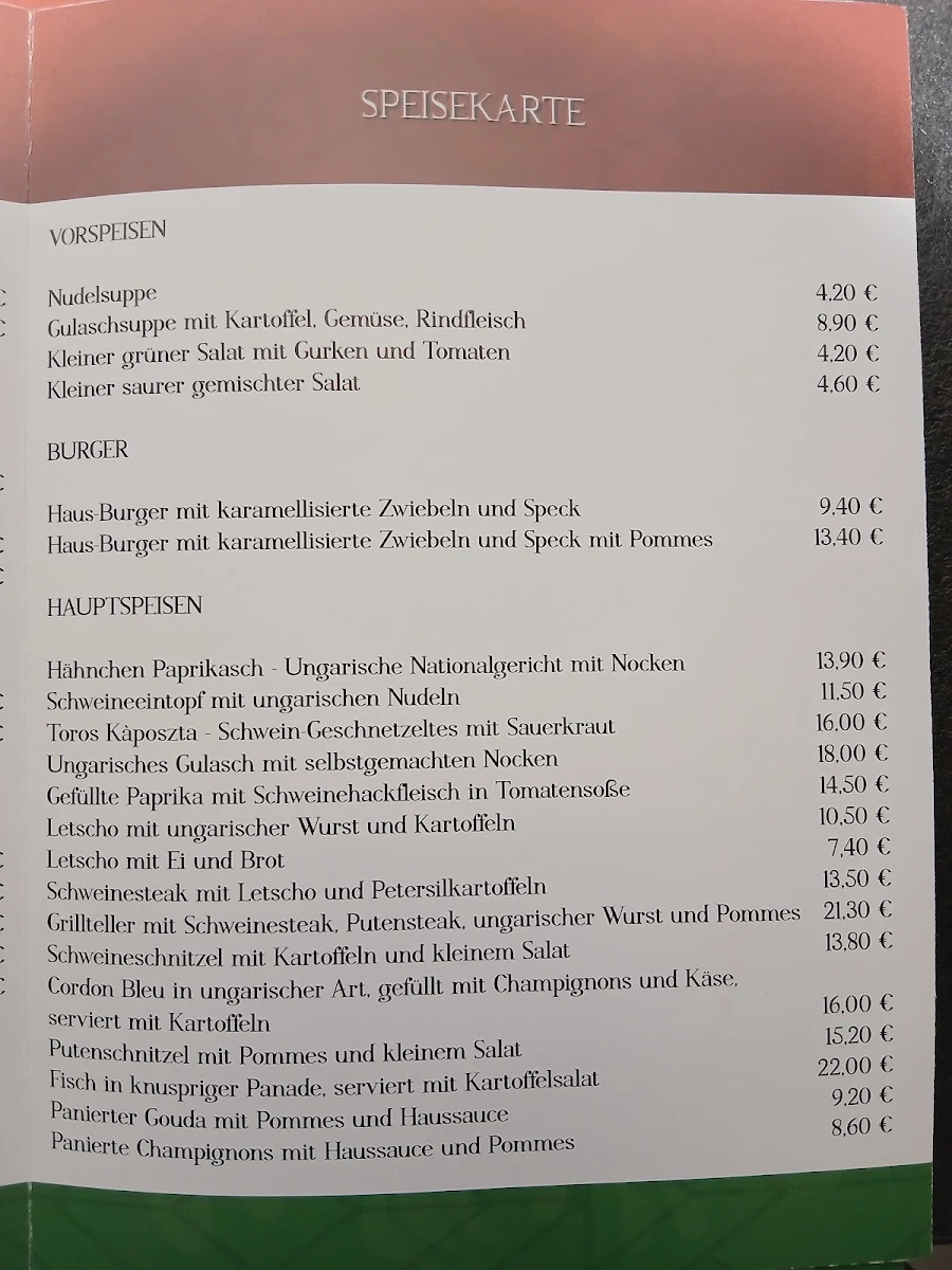 Speisekarte, Harmonie - Ungarische Spezialitäten