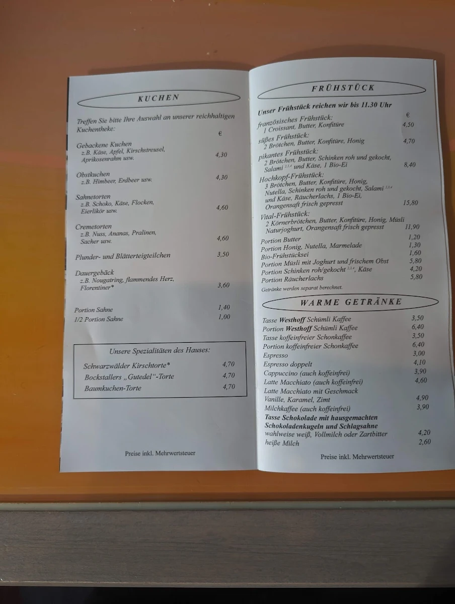 Speisekarte, Café Konditorei Bockstaller