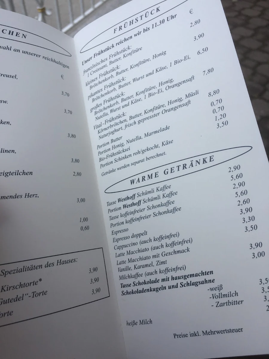 Speisekarte, Café Konditorei Bockstaller