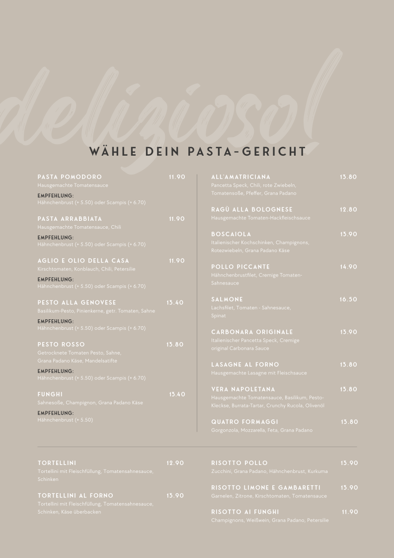 Speisekarte, CAFÉ BAR VANINO PIZZA E PASTA