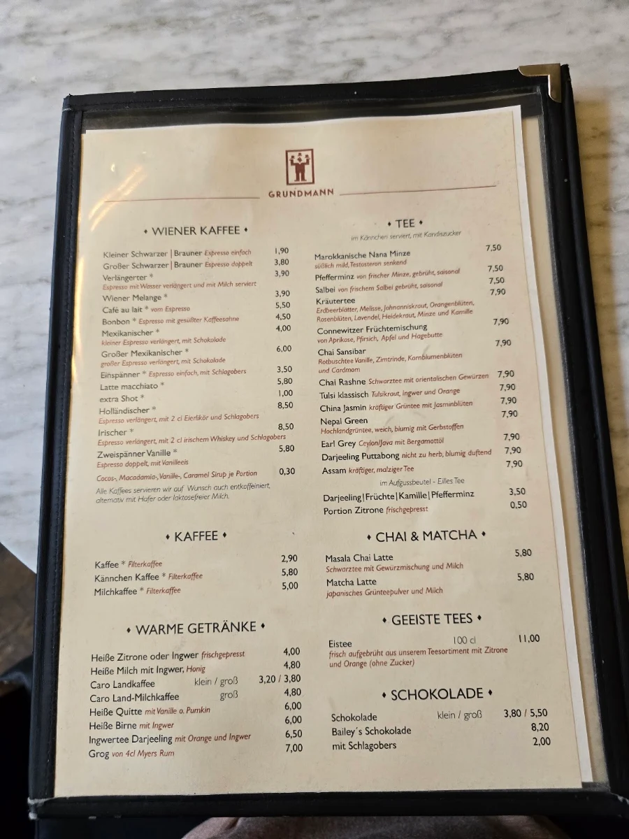 Speisekarte, Café Grundmann