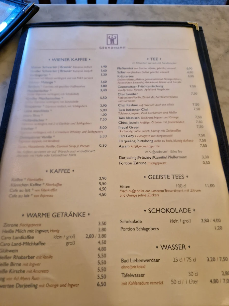 Speisekarte, Café Grundmann