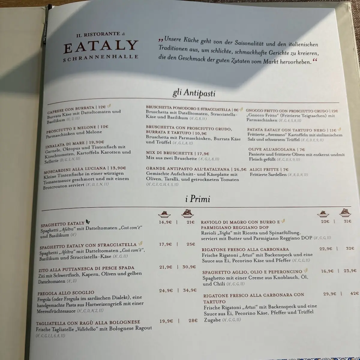 Speisekarte, Eataly Munich