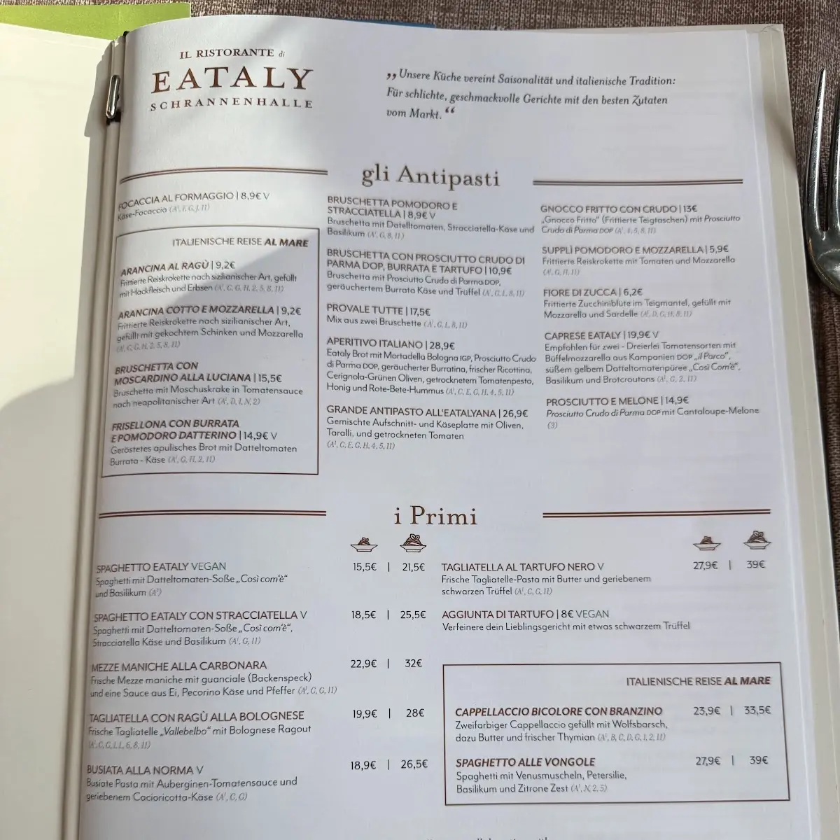 Speisekarte, Eataly Munich