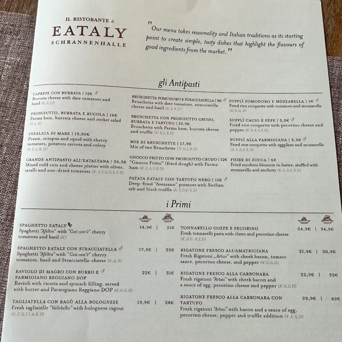 Speisekarte, Eataly Munich