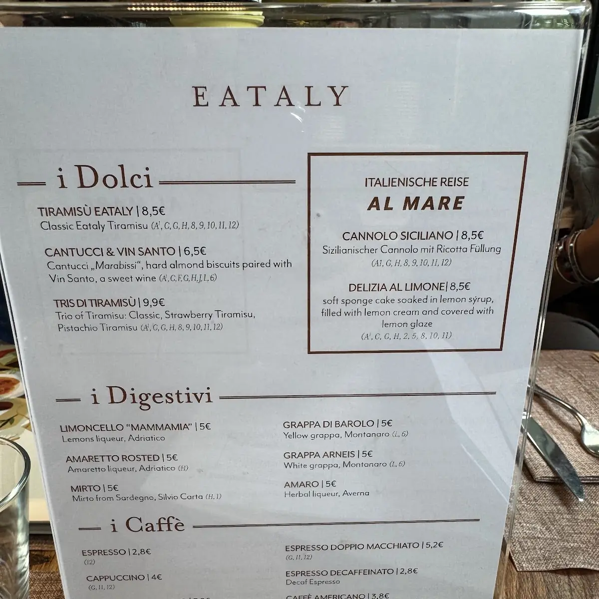 Speisekarte, Eataly Munich