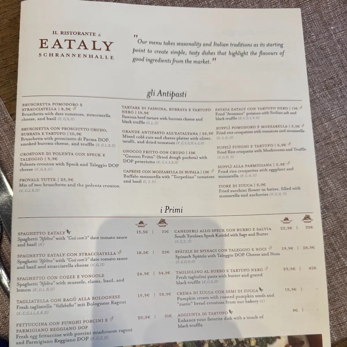Speisekarte, Eataly Munich