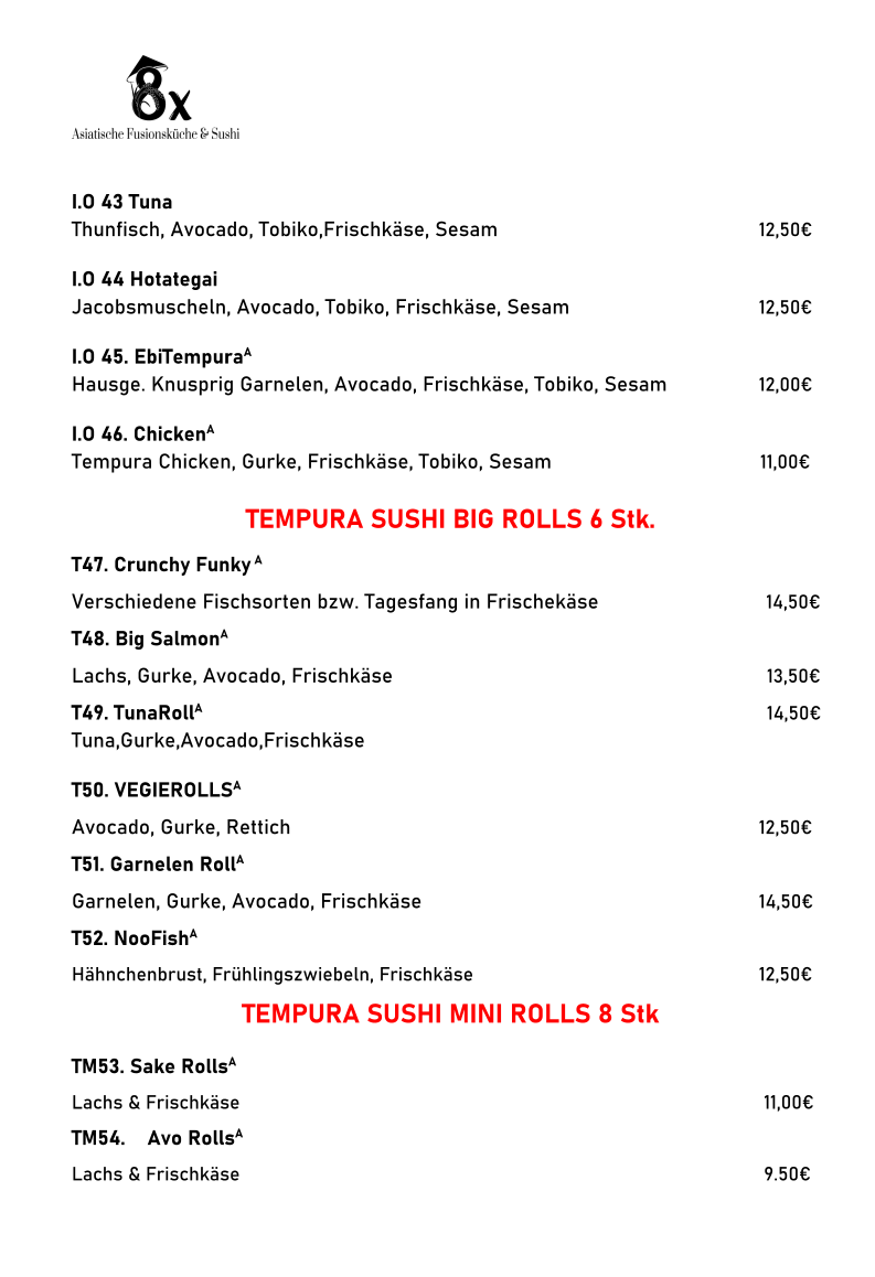 Speisekarte, 8X - Asiatische Fusionsküche &Sushi