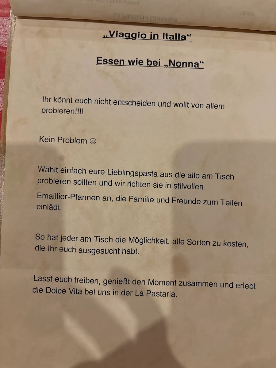Speisekarte, La Pastaria