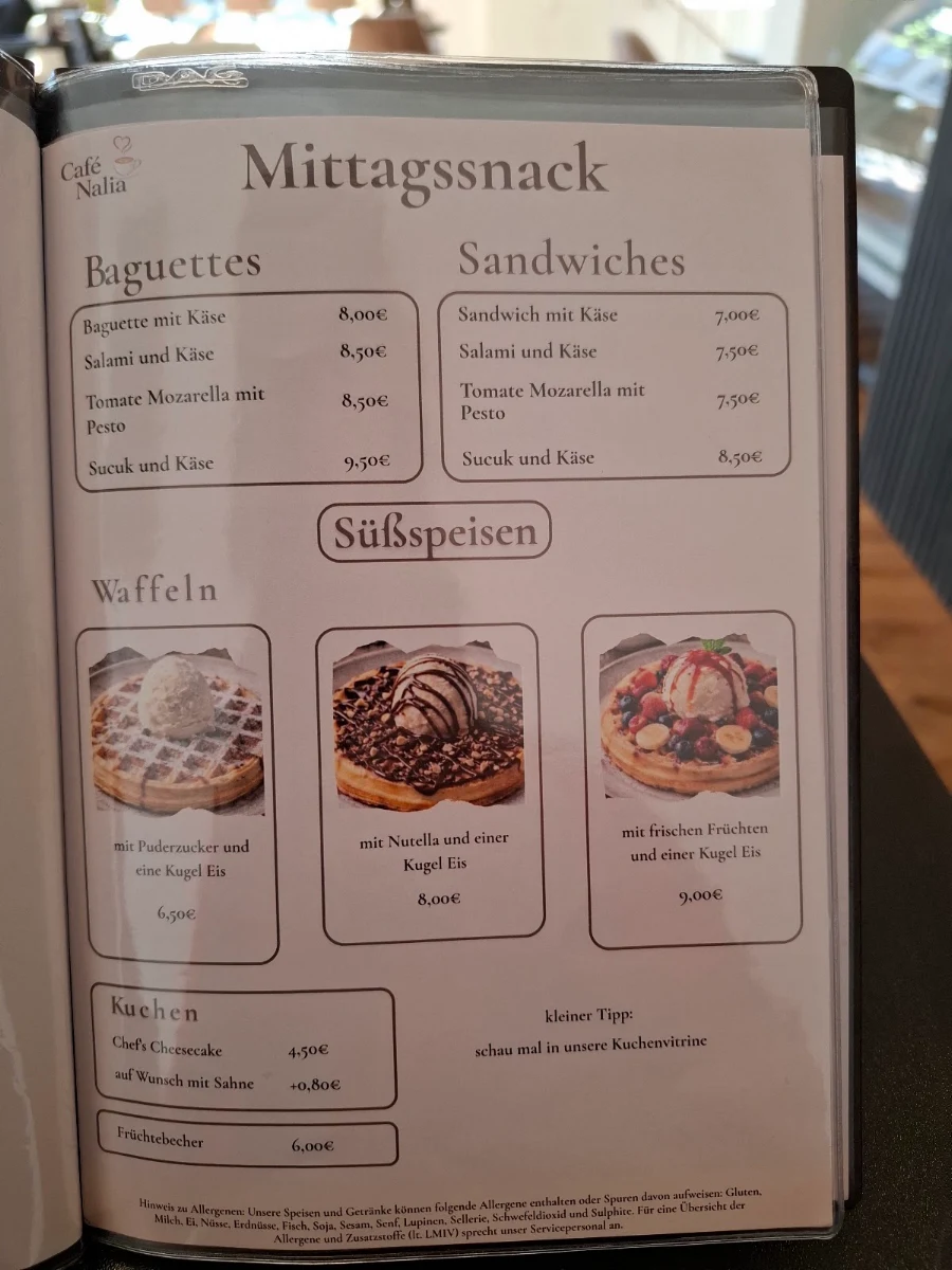 Speisekarte, Café Nalia
