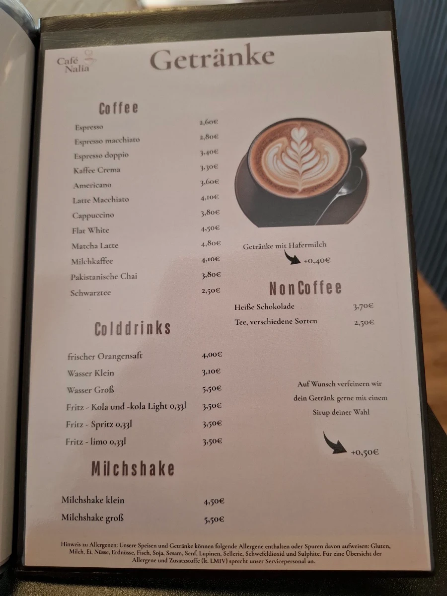 Speisekarte, Café Nalia
