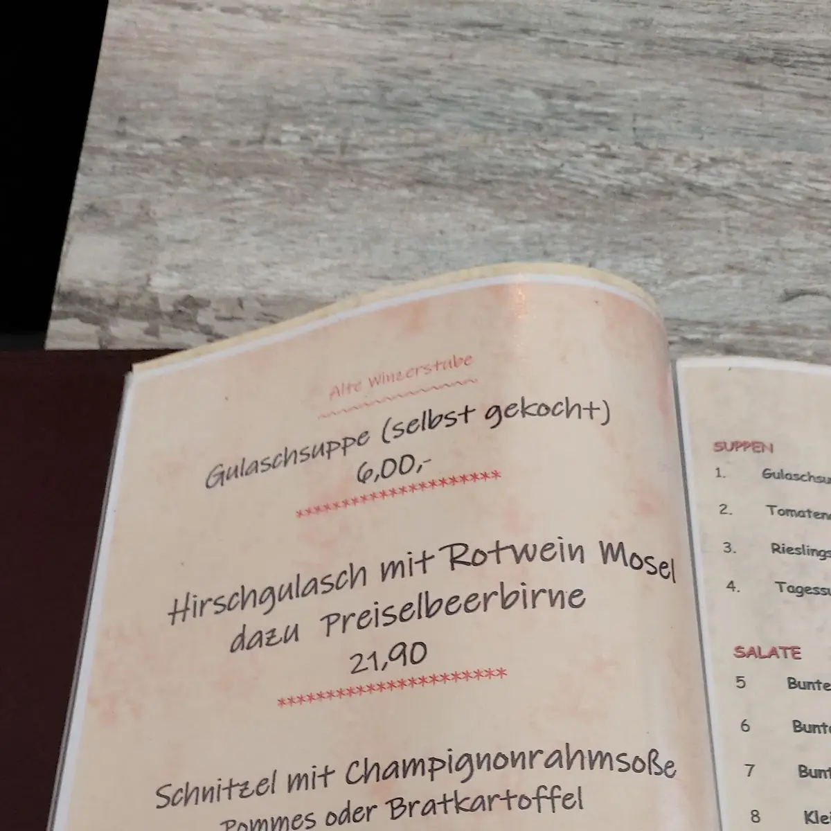 Speisekarte, Alte Winzerstube