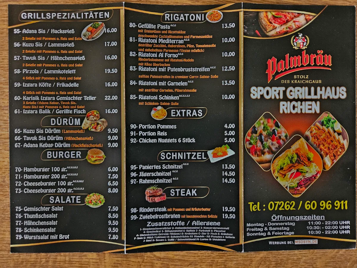 Speisekarte, Sport Grillhaus Richen