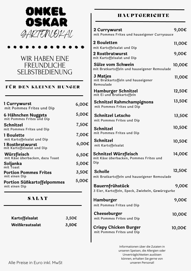 Speisekarte, Gartenlokal Onkel Oskar