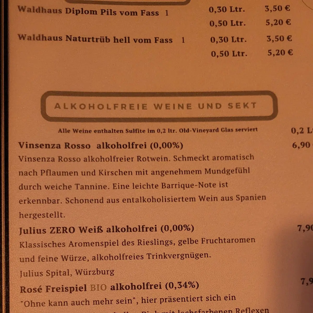 Speisekarte, Old Vineyard Weinbistro