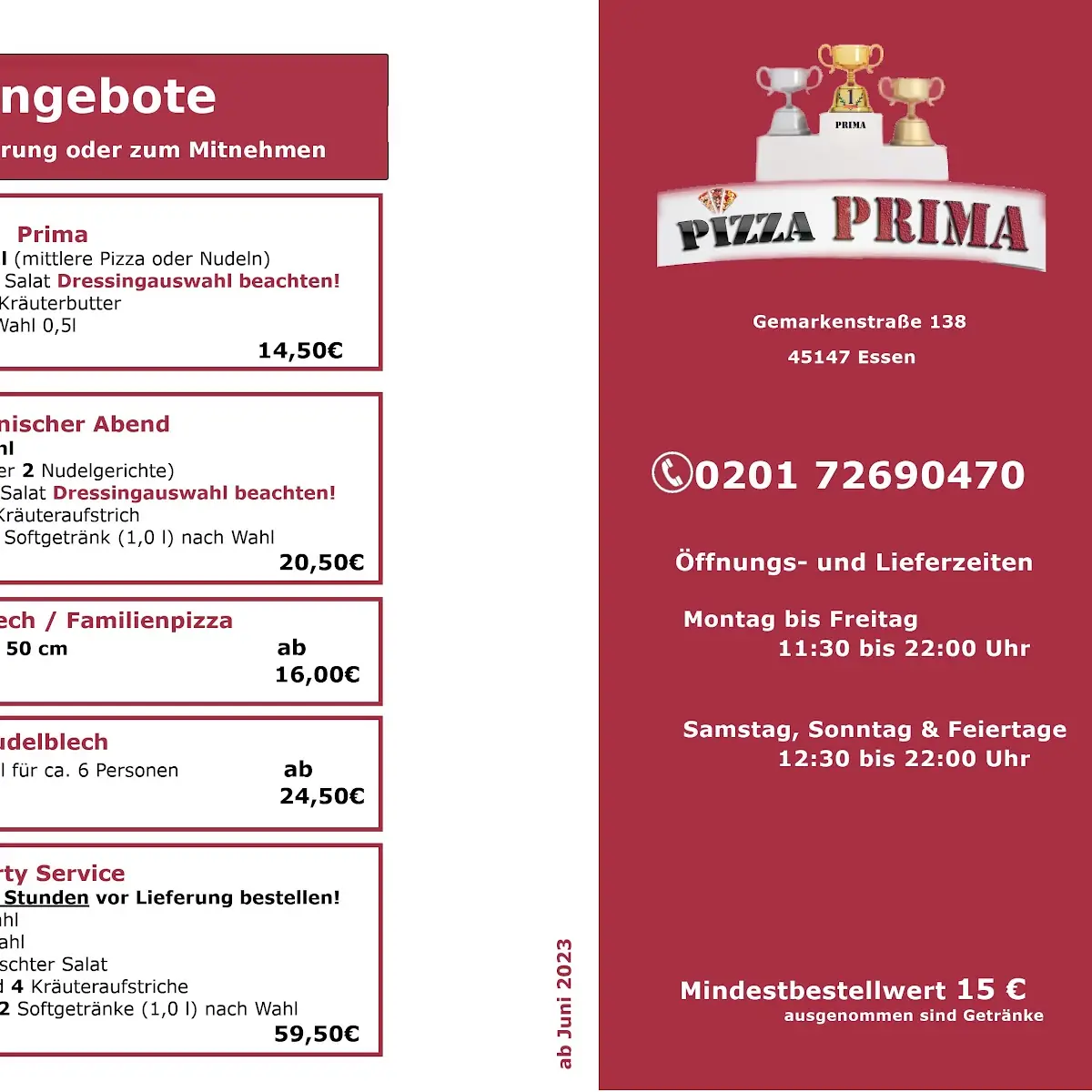 Speisekarte, Pizza Prima