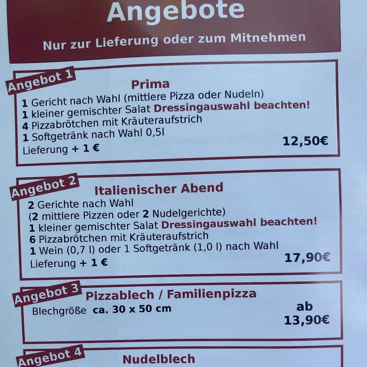Speisekarte, Pizza Prima