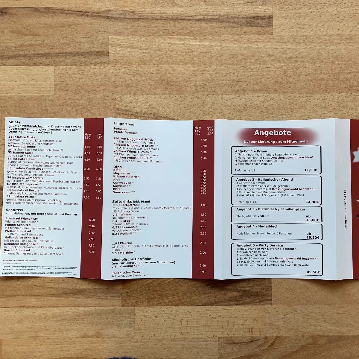 Speisekarte, Pizza Prima