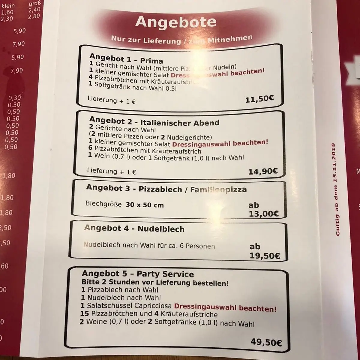 Speisekarte, Pizza Prima