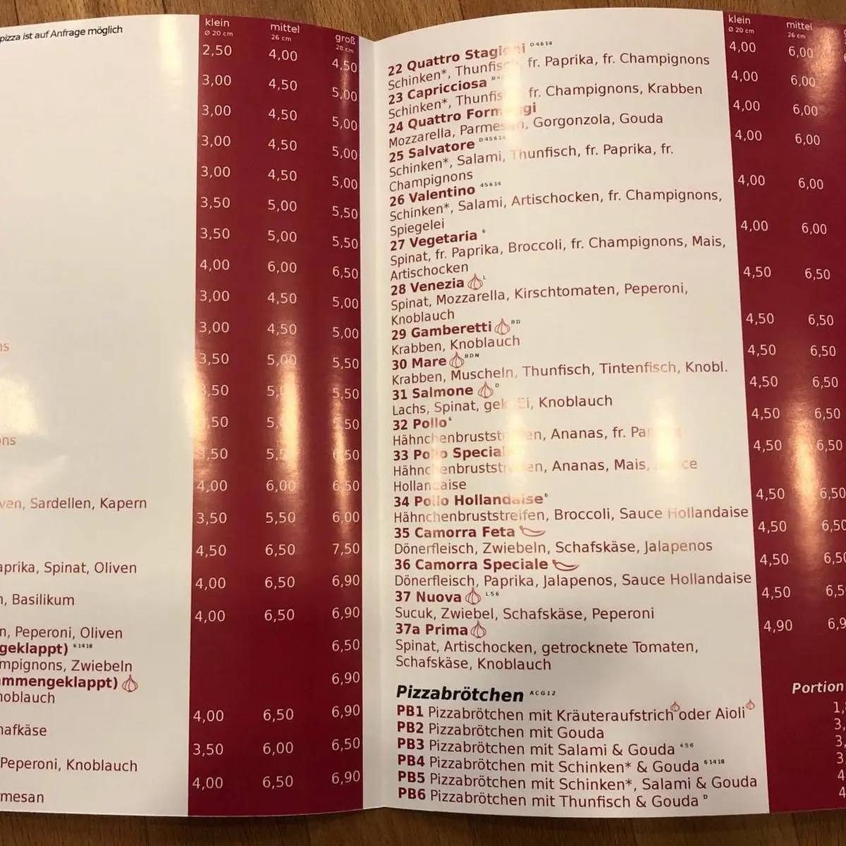 Speisekarte, Pizza Prima