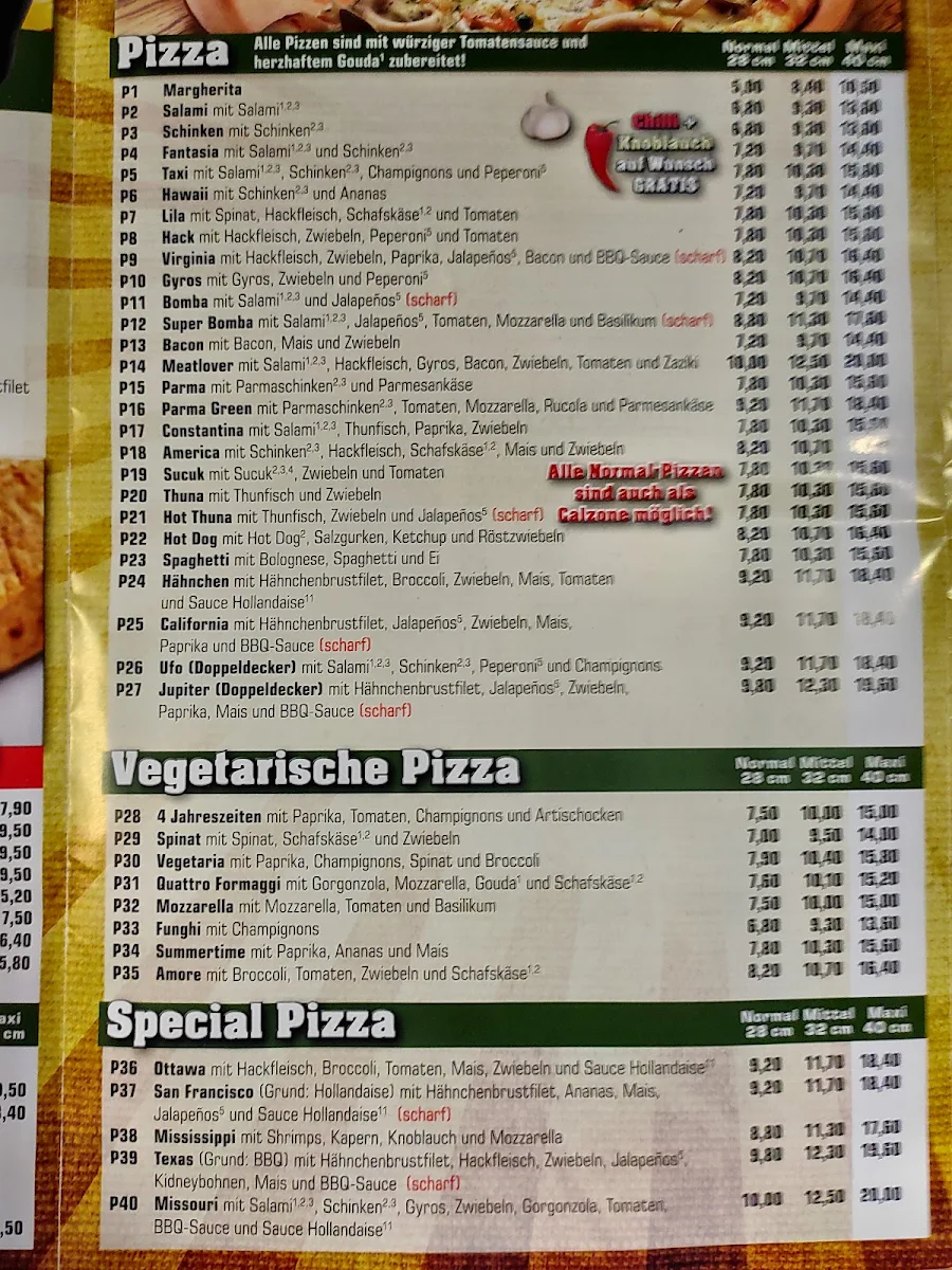 Speisekarte, Your Pizza Express