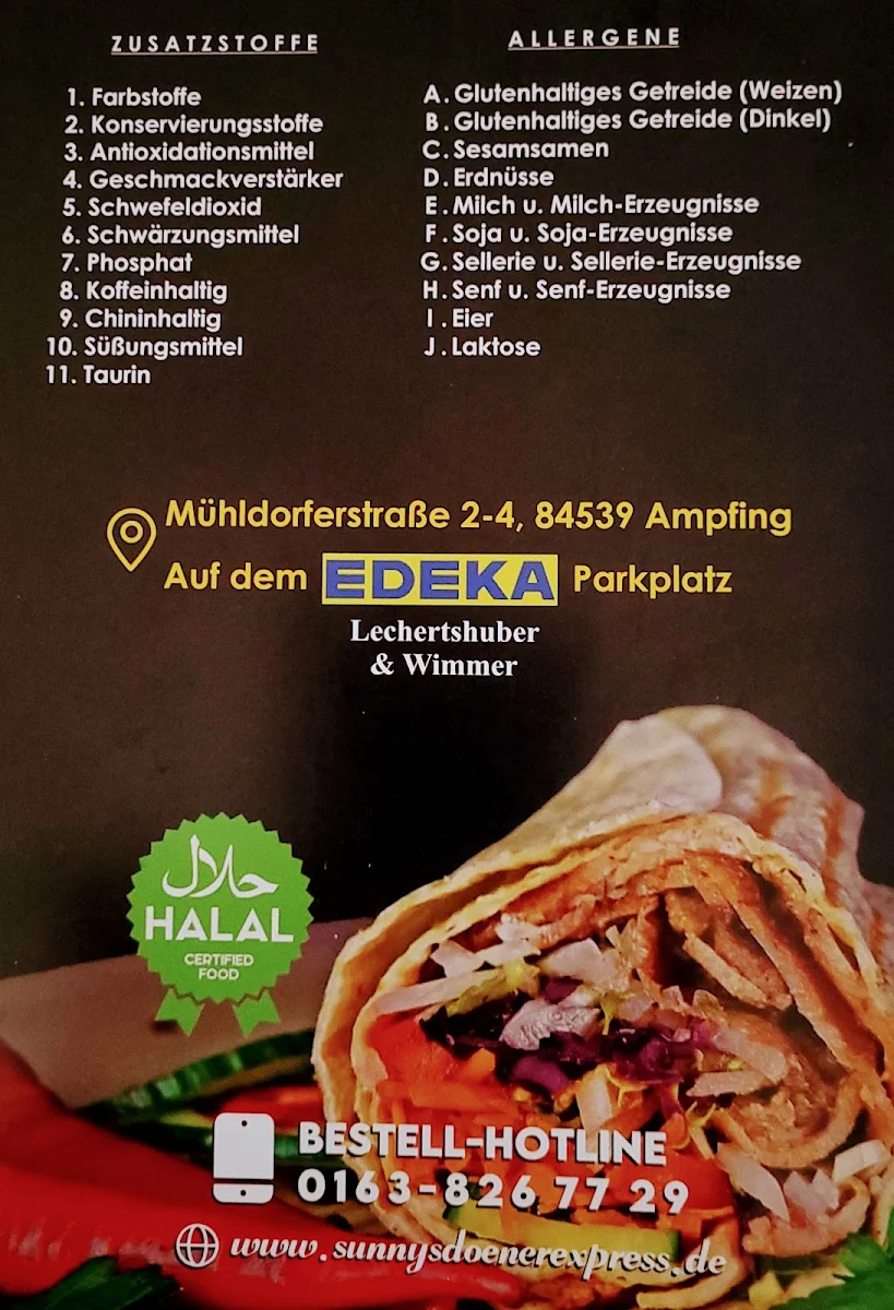 Speisekarte, Sunny's Döner Express