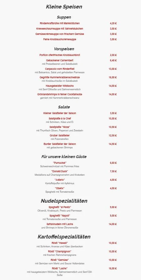 Speisekarte, Fischers Restaurant