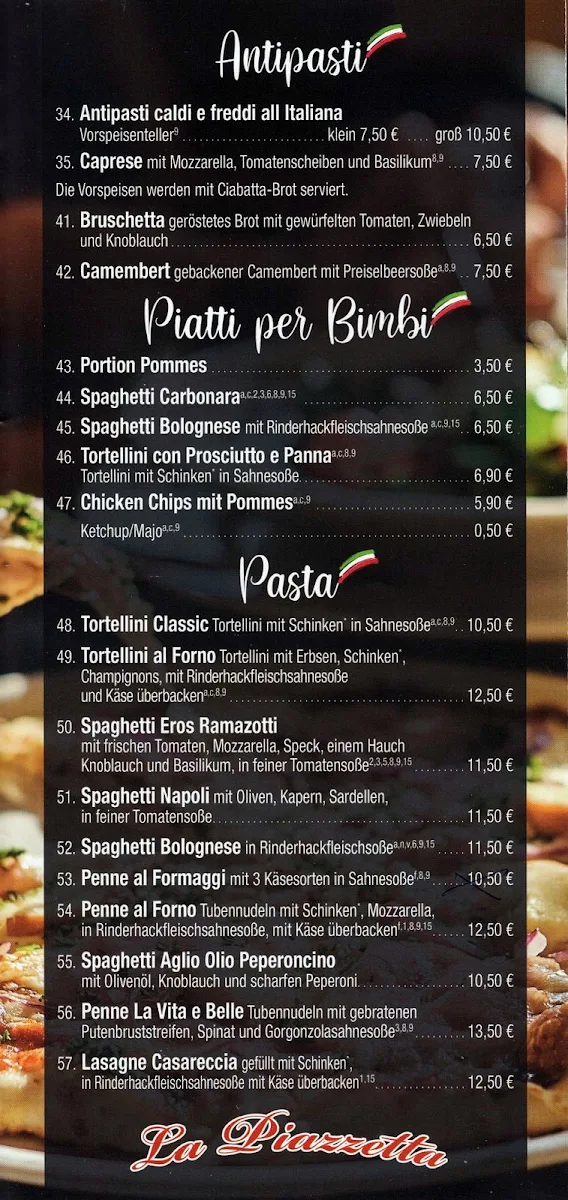Speisekarte, Pizzeria La Piazzetta bei Toni