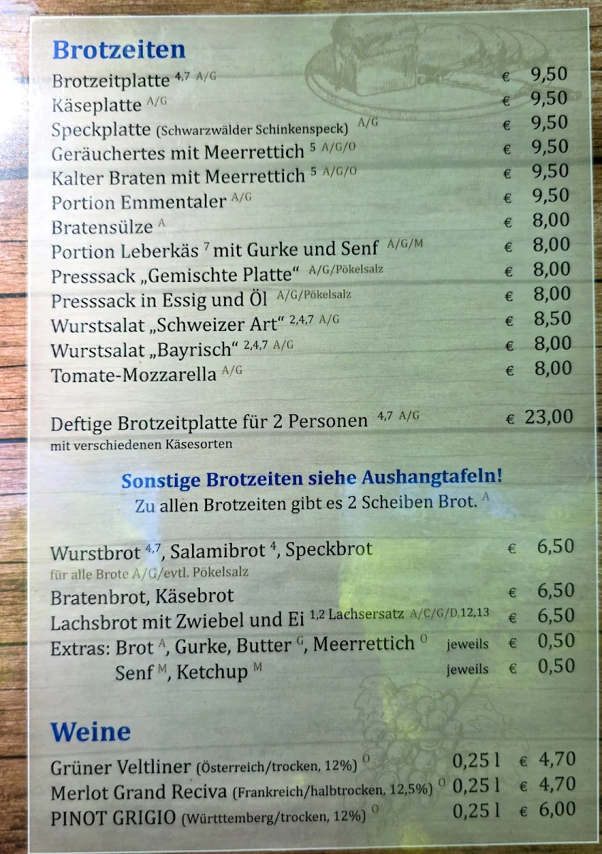 Speisekarte, Sommerkeller Erharting