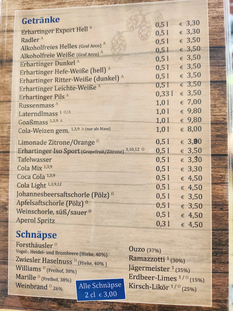 Speisekarte, Sommerkeller Erharting