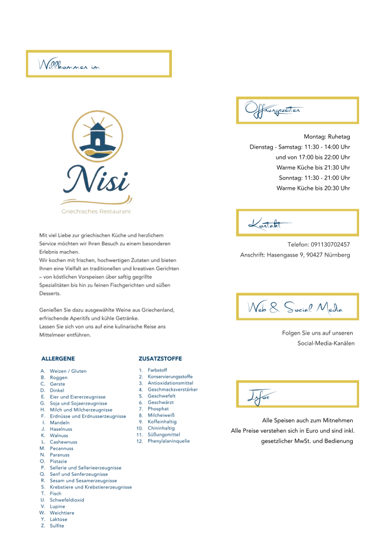 Speisekarte, Restaurant Nisi