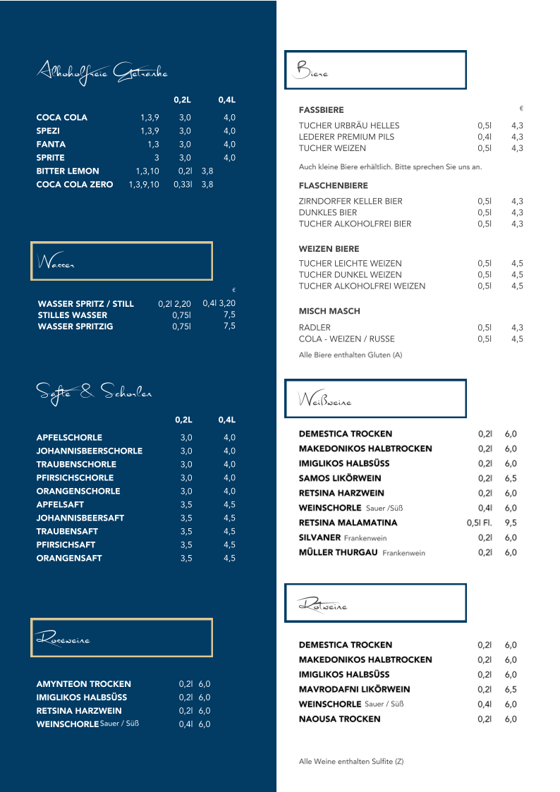 Speisekarte, Restaurant Nisi