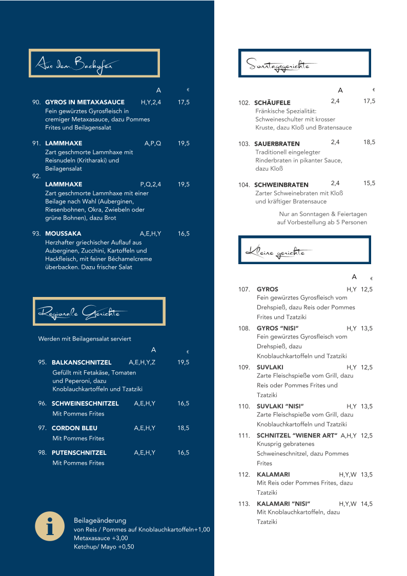 Speisekarte, Restaurant Nisi
